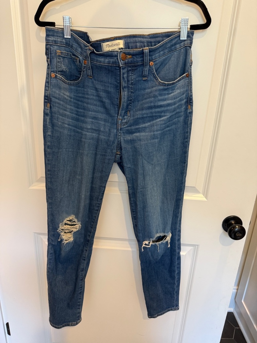 Madewell Skinny Jeans in Medium Blue with Knee Rips